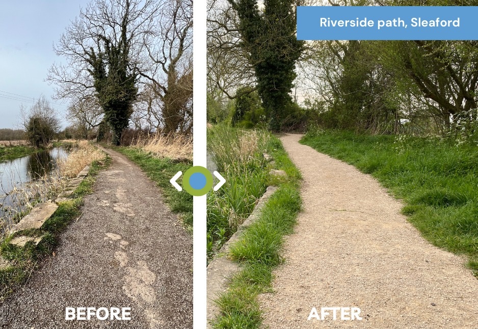 An image showing the before and after of the Riverside path restoration in Sleaford